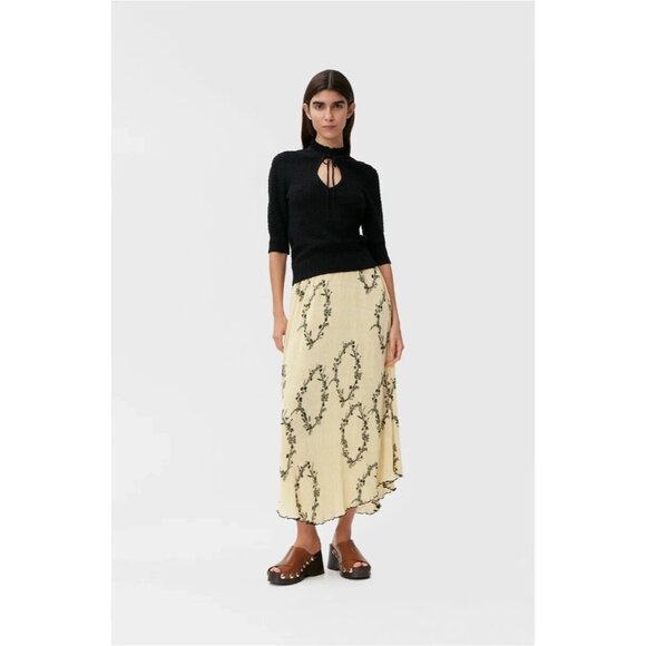 Ganni Light Yellow & Black Floral Pleated Georgette Maxi Skirt, Size XL (42) NWT - Picture 1 of 8